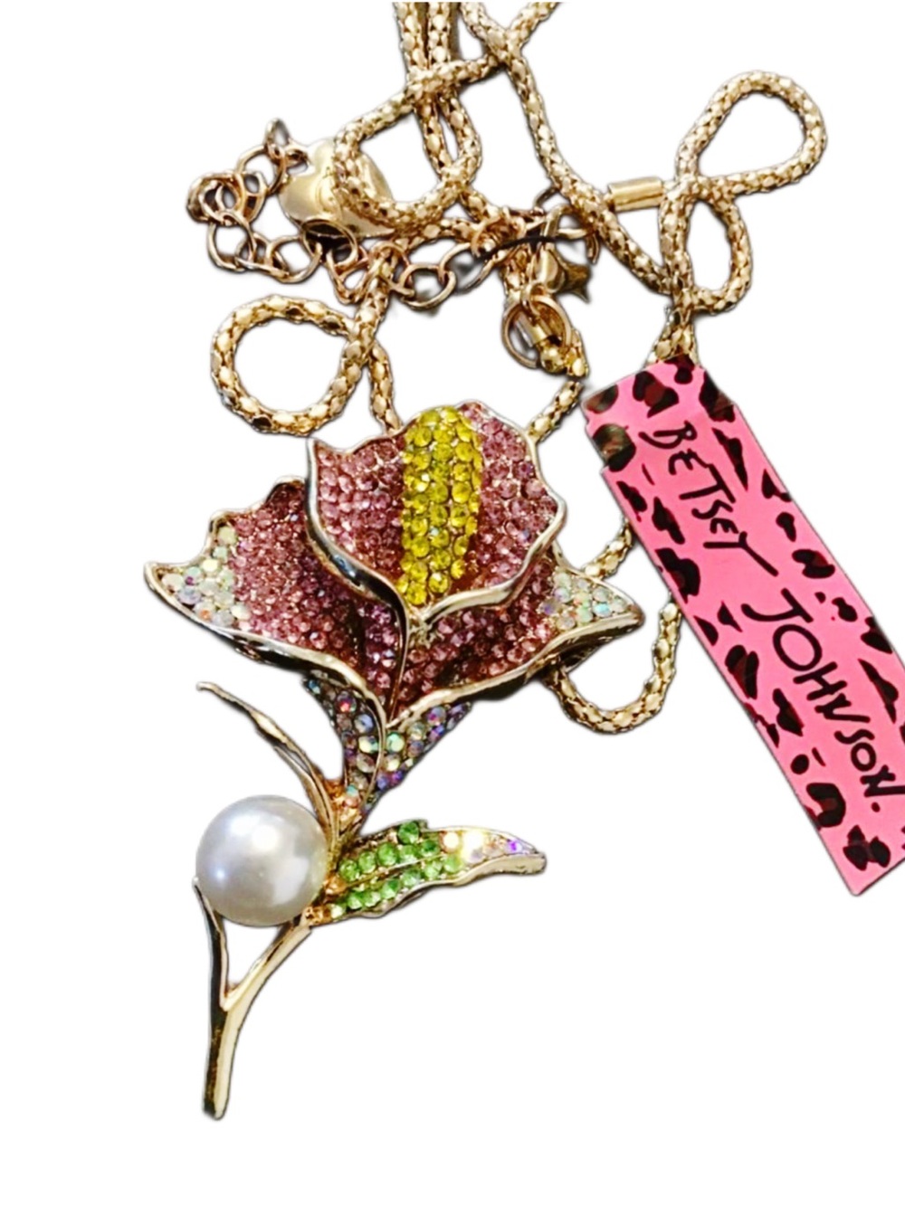 Betsey Johnson Gold & Multi Crystal Hibiscus Fux Pearl Pendant Necklace
